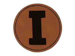 Letter I Uppercase Fun Bold Font Round Iron-On Engraved Faux Leather Patch Applique - 2.5"