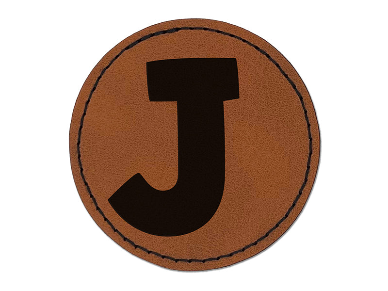 Letter J Uppercase Fun Bold Font Round Iron-On Engraved Faux Leather Patch Applique - 2.5"