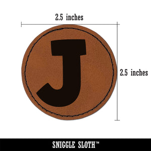 Letter J Uppercase Fun Bold Font Round Iron-On Engraved Faux Leather Patch Applique - 2.5"