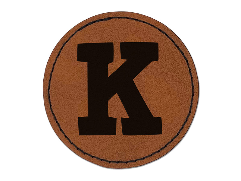 Letter K Uppercase Fun Bold Font Round Iron-On Engraved Faux Leather Patch Applique - 2.5"