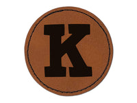 Letter K Uppercase Fun Bold Font Round Iron-On Engraved Faux Leather Patch Applique - 2.5"