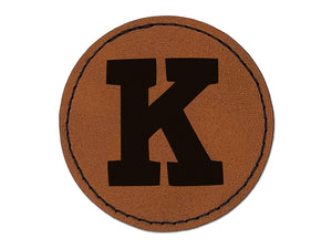 Letter K Uppercase Fun Bold Font Round Iron-On Engraved Faux Leather Patch Applique - 2.5"