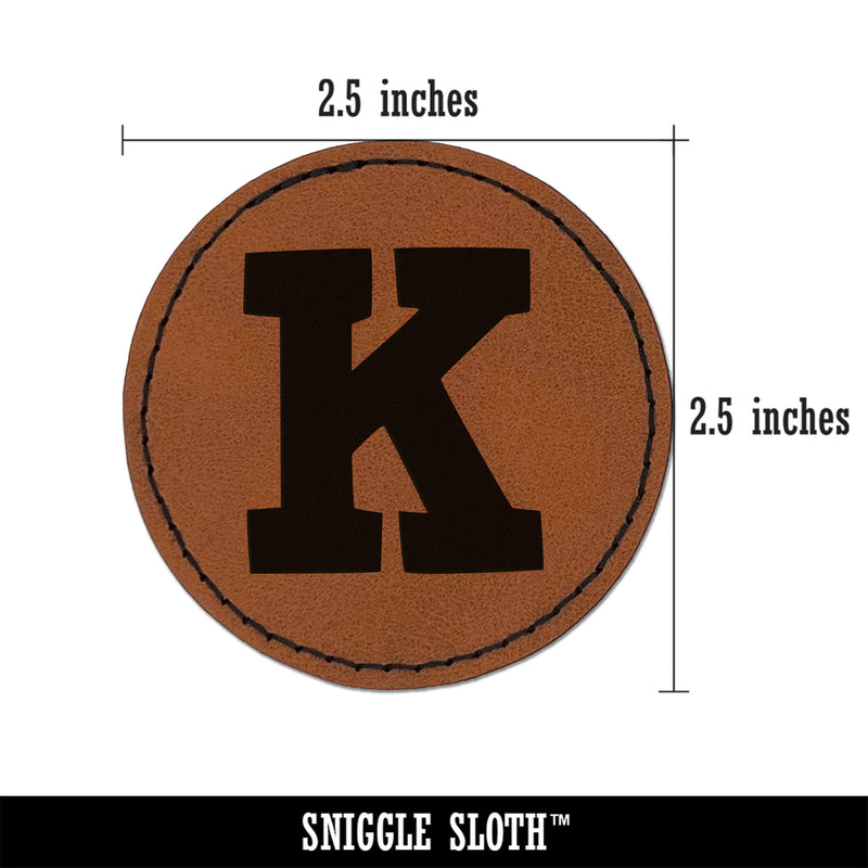 Letter K Uppercase Fun Bold Font Round Iron-On Engraved Faux Leather Patch Applique - 2.5"