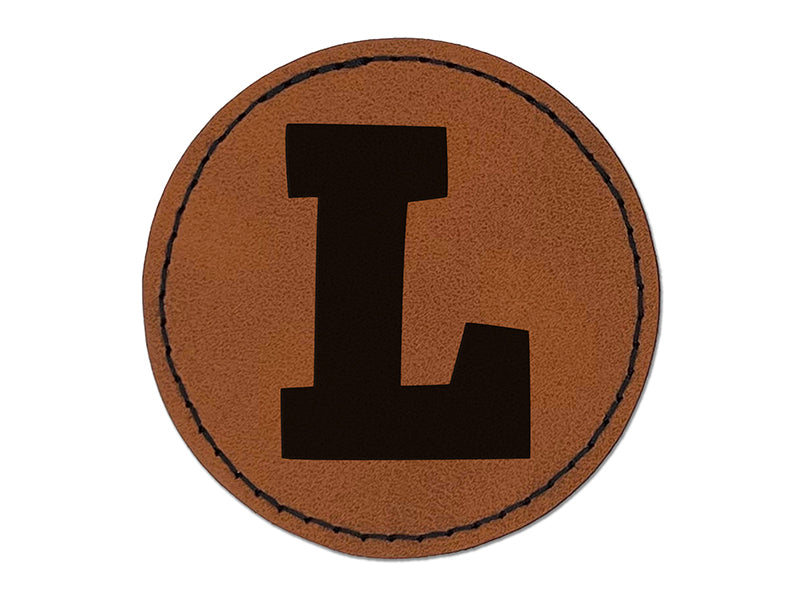 Letter L Uppercase Fun Bold Font Round Iron-On Engraved Faux Leather Patch Applique - 2.5"