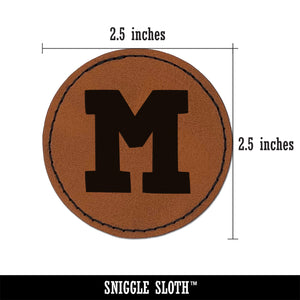 Letter M Uppercase Fun Bold Font Round Iron-On Engraved Faux Leather Patch Applique - 2.5"