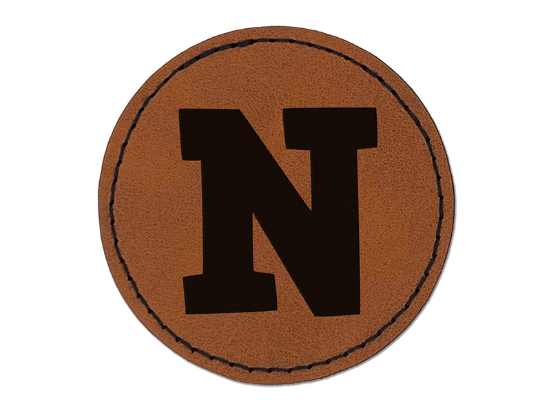 Letter N Uppercase Fun Bold Font Round Iron-On Engraved Faux Leather Patch Applique - 2.5"