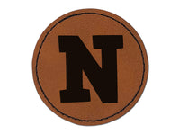 Letter N Uppercase Fun Bold Font Round Iron-On Engraved Faux Leather Patch Applique - 2.5"