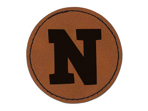 Letter N Uppercase Fun Bold Font Round Iron-On Engraved Faux Leather Patch Applique - 2.5"