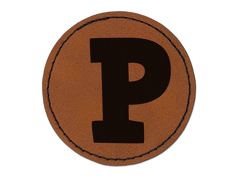 Letter P Uppercase Fun Bold Font Round Iron-On Engraved Faux Leather Patch Applique - 2.5"