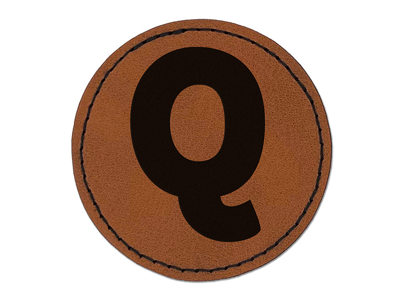Letter Q Uppercase Fun Bold Font Round Iron-On Engraved Faux Leather Patch Applique - 2.5"
