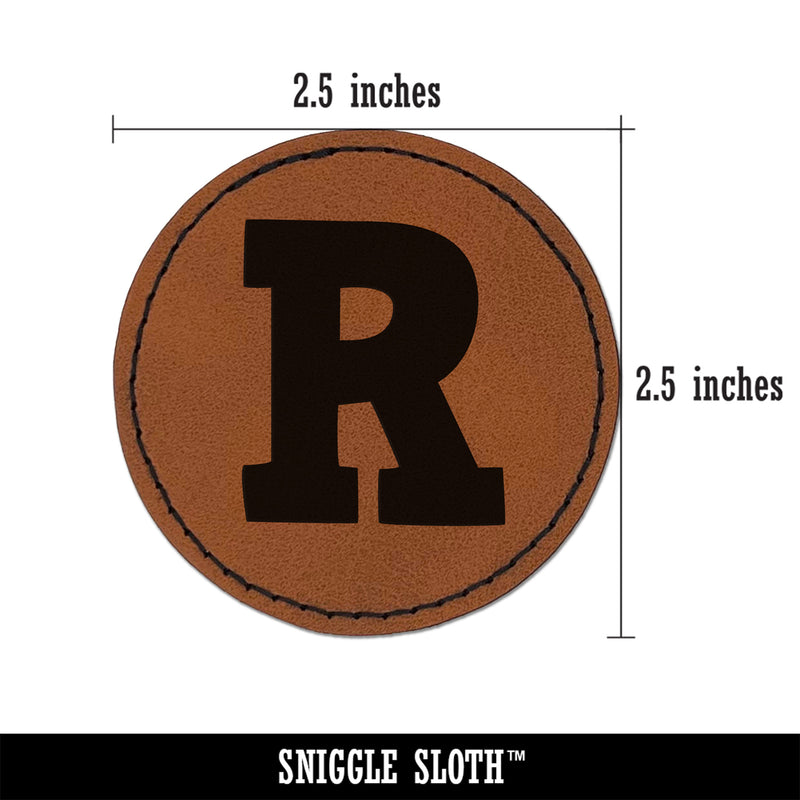 Letter R Uppercase Fun Bold Font Round Iron-On Engraved Faux Leather Patch Applique - 2.5"