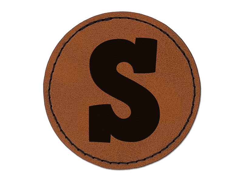 Letter S Uppercase Fun Bold Font Round Iron-On Engraved Faux Leather Patch Applique - 2.5"