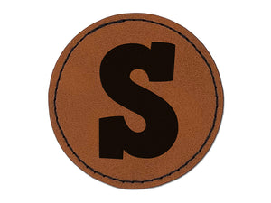Letter S Uppercase Fun Bold Font Round Iron-On Engraved Faux Leather Patch Applique - 2.5"