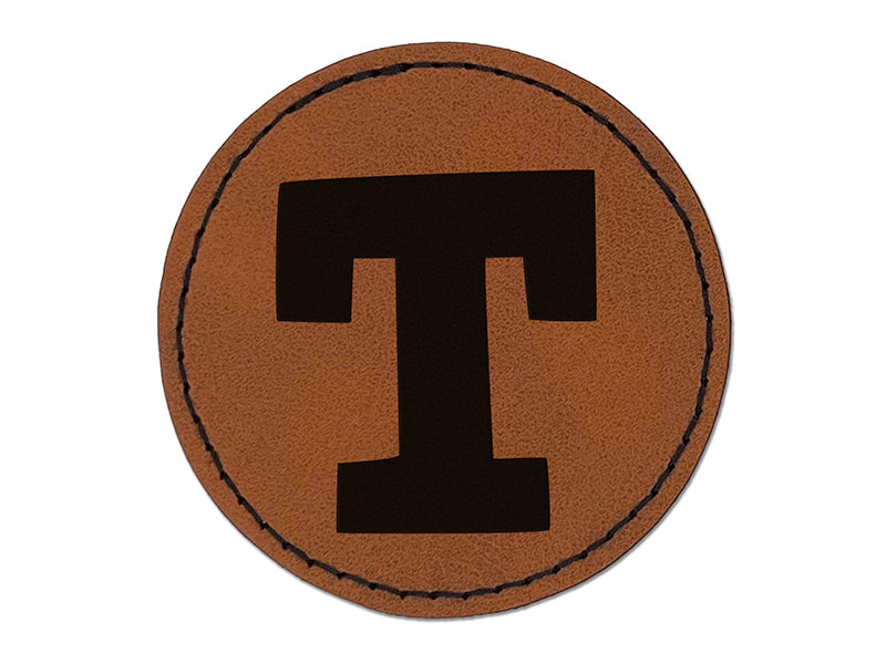 Letter T Uppercase Fun Bold Font Round Iron-On Engraved Faux Leather Patch Applique - 2.5"