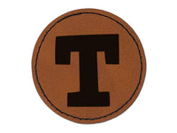 Letter T Uppercase Fun Bold Font Round Iron-On Engraved Faux Leather Patch Applique - 2.5"