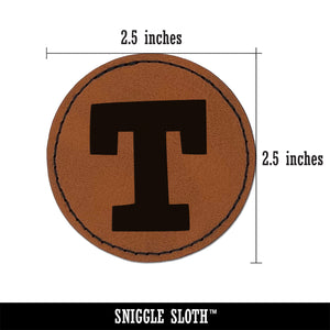 Letter T Uppercase Fun Bold Font Round Iron-On Engraved Faux Leather Patch Applique - 2.5"