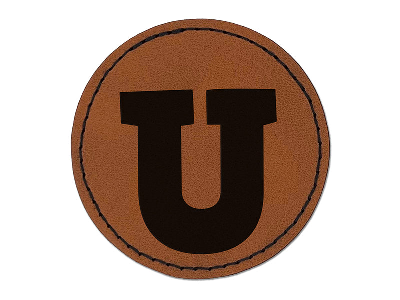 Letter U Uppercase Fun Bold Font Round Iron-On Engraved Faux Leather Patch Applique - 2.5"