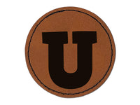 Letter U Uppercase Fun Bold Font Round Iron-On Engraved Faux Leather Patch Applique - 2.5"