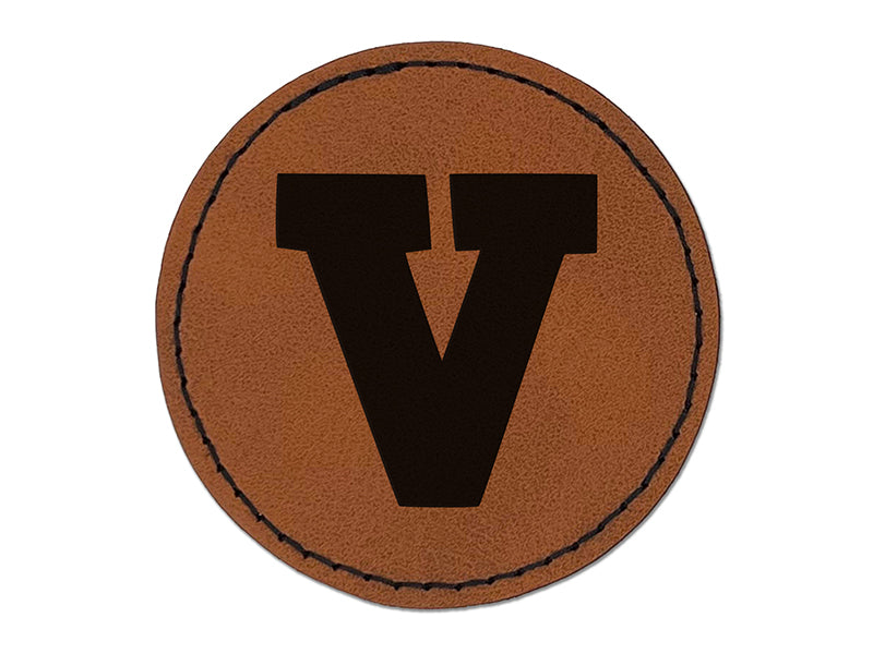 Letter V Uppercase Fun Bold Font Round Iron-On Engraved Faux Leather Patch Applique - 2.5"