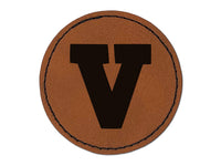 Letter V Uppercase Fun Bold Font Round Iron-On Engraved Faux Leather Patch Applique - 2.5"