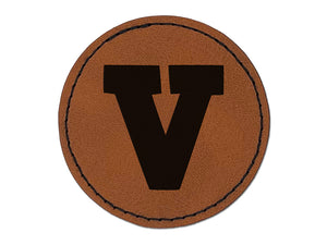 Letter V Uppercase Fun Bold Font Round Iron-On Engraved Faux Leather Patch Applique - 2.5"