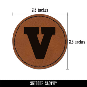 Letter V Uppercase Fun Bold Font Round Iron-On Engraved Faux Leather Patch Applique - 2.5"