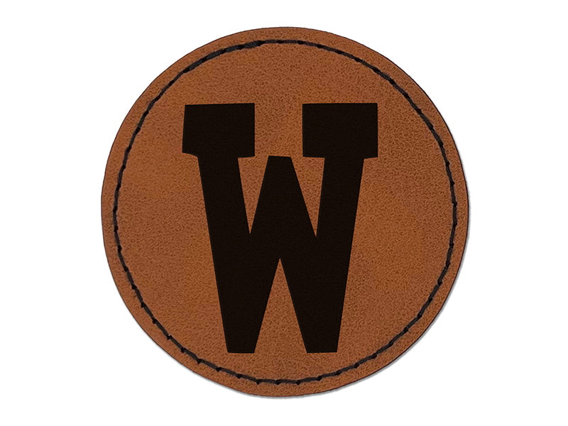 Letter W Uppercase Fun Bold Font Round Iron-On Engraved Faux Leather Patch Applique - 2.5"