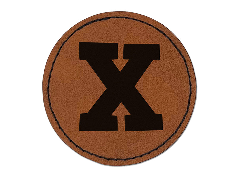 Letter X Uppercase Fun Bold Font Round Iron-On Engraved Faux Leather Patch Applique - 2.5"