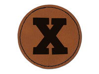 Letter X Uppercase Fun Bold Font Round Iron-On Engraved Faux Leather Patch Applique - 2.5"