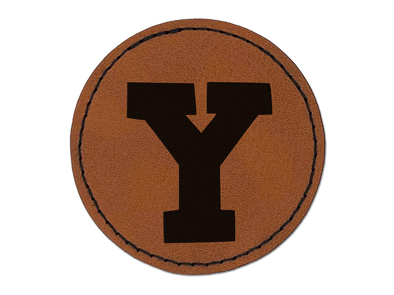 Letter Y Uppercase Fun Bold Font Round Iron-On Engraved Faux Leather Patch Applique - 2.5"