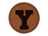 Letter Y Uppercase Fun Bold Font Round Iron-On Engraved Faux Leather Patch Applique - 2.5"