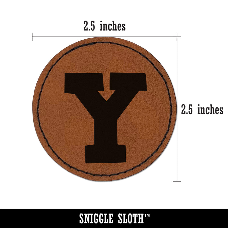 Letter Y Uppercase Fun Bold Font Round Iron-On Engraved Faux Leather Patch Applique - 2.5"