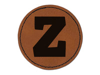 Letter Z Uppercase Fun Bold Font Round Iron-On Engraved Faux Leather Patch Applique - 2.5"