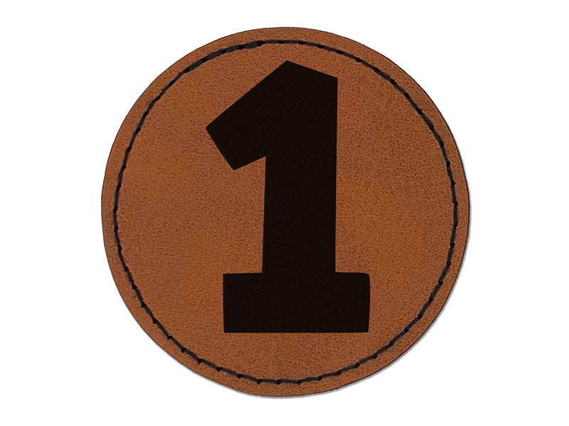 Number 1 One Fun Bold Font Round Iron-On Engraved Faux Leather Patch Applique - 2.5"