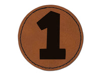 Number 1 One Fun Bold Font Round Iron-On Engraved Faux Leather Patch Applique - 2.5"