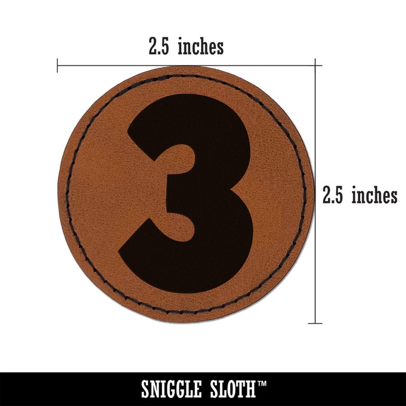 Number 3 Three Fun Bold Font Round Iron-On Engraved Faux Leather Patch Applique - 2.5"