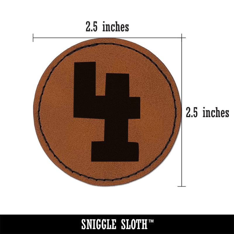 Number 4 Four Fun Bold Font Round Iron-On Engraved Faux Leather Patch Applique - 2.5"