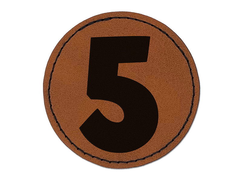 Number 5 Five Fun Bold Font Round Iron-On Engraved Faux Leather Patch Applique - 2.5"