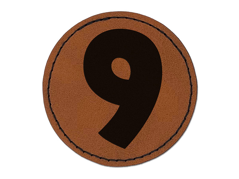 Number 9 Nine Fun Bold Font Round Iron-On Engraved Faux Leather Patch Applique - 2.5"