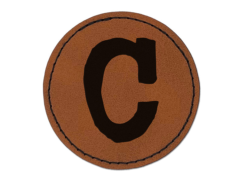 Letter C Uppercase Cute Typewriter Font Round Iron-On Engraved Faux Leather Patch Applique - 2.5"