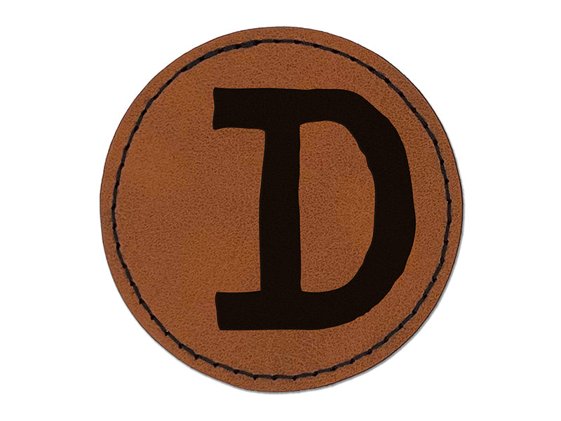 Letter D Uppercase Cute Typewriter Font Round Iron-On Engraved Faux Leather Patch Applique - 2.5"