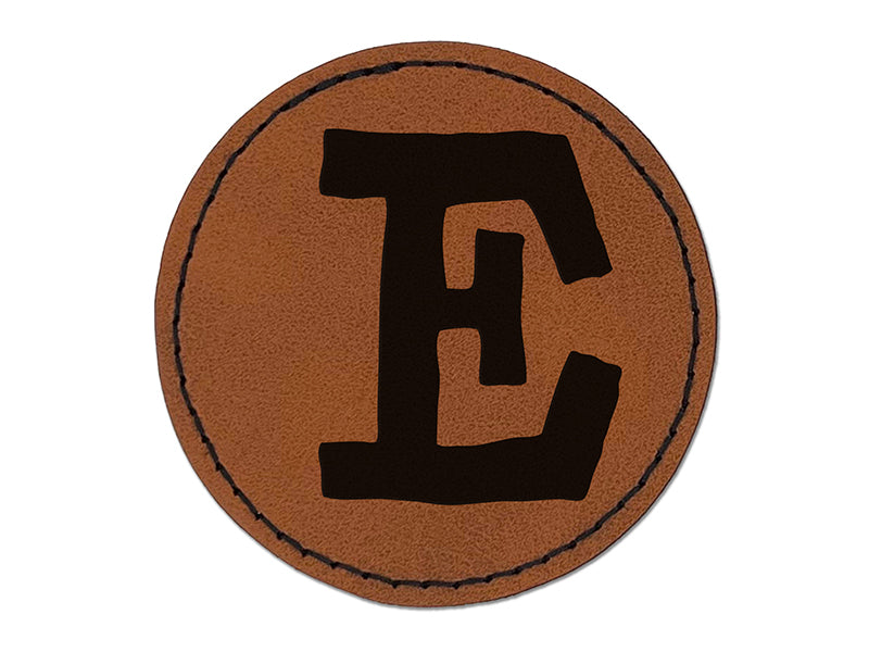Letter E Uppercase Cute Typewriter Font Round Iron-On Engraved Faux Leather Patch Applique - 2.5"