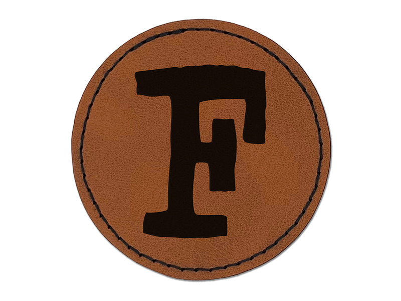 Letter F Uppercase Cute Typewriter Font Round Iron-On Engraved Faux Leather Patch Applique - 2.5"