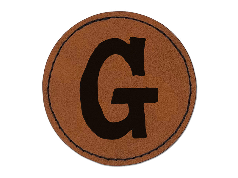 Letter G Uppercase Cute Typewriter Font Round Iron-On Engraved Faux Leather Patch Applique - 2.5"