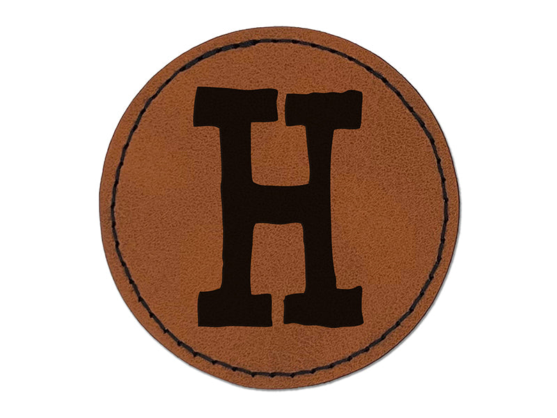 Letter H Uppercase Cute Typewriter Font Round Iron-On Engraved Faux Leather Patch Applique - 2.5"