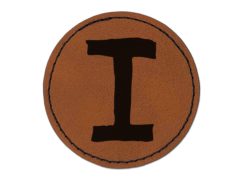 Letter I Uppercase Cute Typewriter Font Round Iron-On Engraved Faux Leather Patch Applique - 2.5"