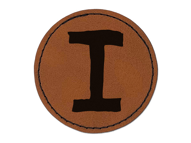 Letter I Uppercase Cute Typewriter Font Round Iron-On Engraved Faux Leather Patch Applique - 2.5"