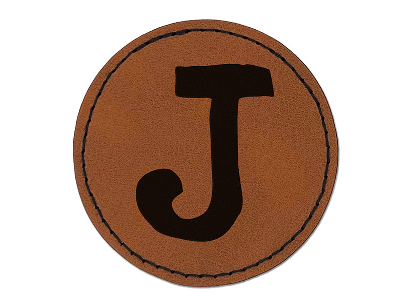 Letter J Uppercase Cute Typewriter Font Round Iron-On Engraved Faux Leather Patch Applique - 2.5"