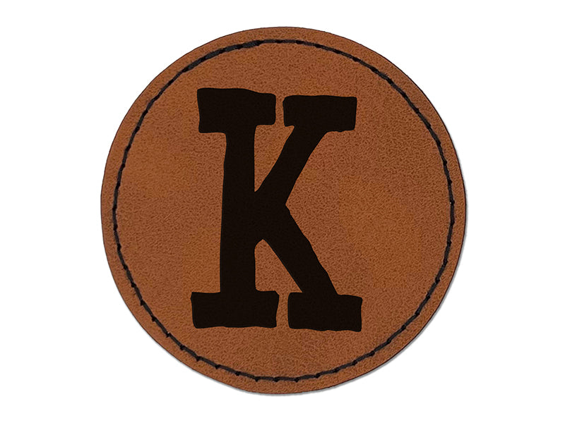 Letter K Uppercase Cute Typewriter Font Round Iron-On Engraved Faux Leather Patch Applique - 2.5"