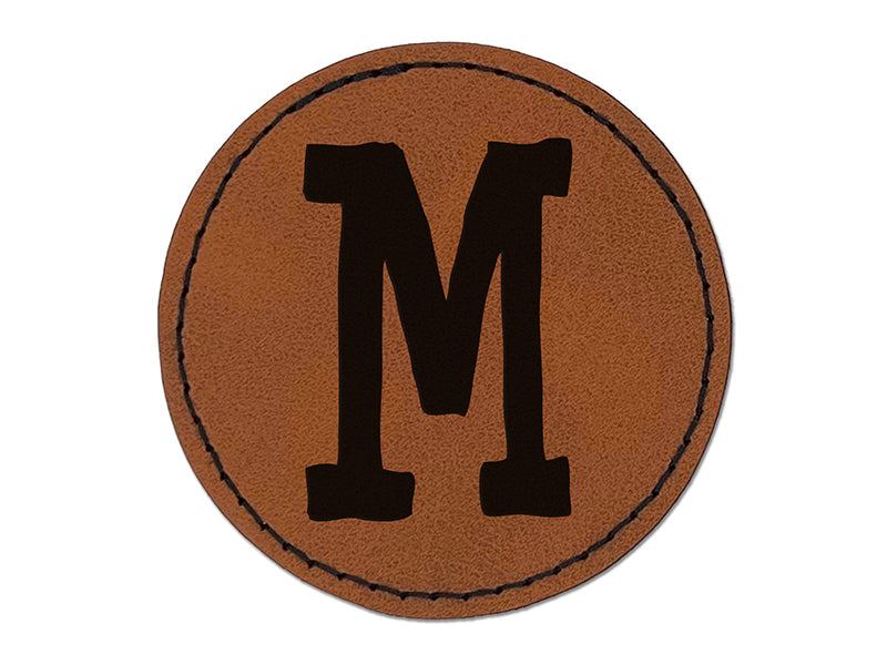 Letter M Uppercase Cute Typewriter Font Round Iron-On Engraved Faux Leather Patch Applique - 2.5"